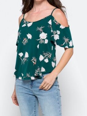 Kaileigh Dark Teal Floral Cold Shoulder Blouse